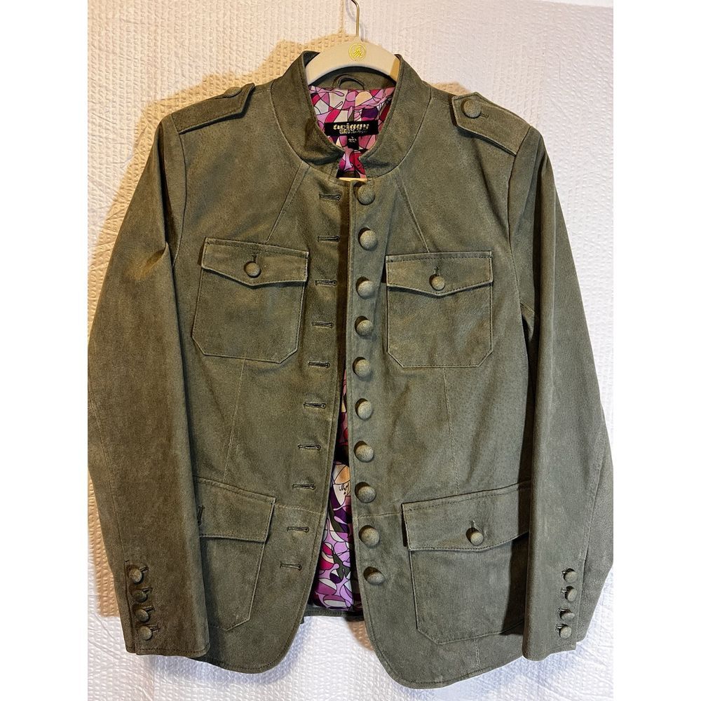 Twiggy London Lined Olive Suede Leather Blazer Jacket Size Small Vintage‎ Y2K
